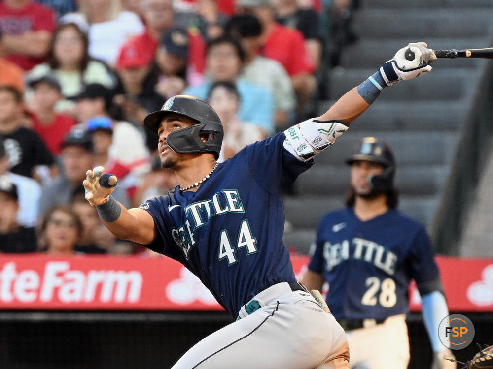 ANAHEIM, CA - AUGUST 05: Seattle Mariners center fielder Julio Rodriguez (44) hits a double and drives in two runs in the third inning of an MLB baseball game against the Los Angeles Angels played August 5, 2023 at Angel Stadium in Anaheim, CA. (Photo by John Cordes/Icon Sportswire)