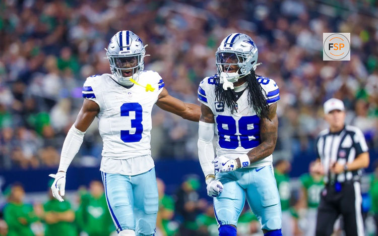 Nov 23, 2025; Arlington, Texas, USA; Dallas Cowboys wide receiver George Pickens (3) and Dallas Cowboys wide receiver CeeDee Lamb (88) react during the game against the Philadelphia Eagles at AT&T Stadium. Credit: Kevin Jairaj-Imagn Images