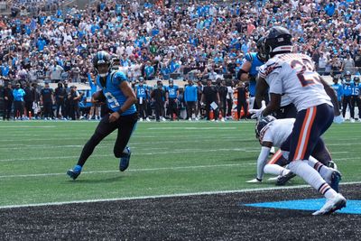 Sep 13, 2026; Charlotte, North Carolina, USA;  Carolina Panthers quarterback Bryce Young (9) runs the ball for a touchdown in the second quarter against the Chicago Bears at Bank of America Stadium.  Mandatory Credit: Jim Dedmon-Imagn Images