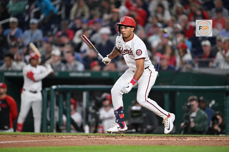 Apr 22, 2026; Washington, District of Columbia, USA;  Washington Nationals outfielder Daylen Lile (4) bats against the Atlanta Braves at Nationals Park. Credit: Jamie Sabau-Imagn Images