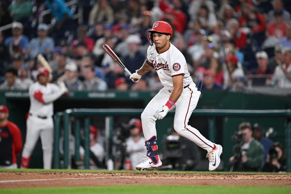 Apr 22, 2026; Washington, District of Columbia, USA;  Washington Nationals outfielder Daylen Lile (4) bats against the Atlanta Braves at Nationals Park. Mandatory Credit: Jamie Sabau-Imagn Images