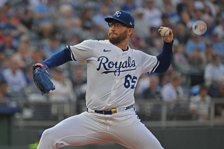 Jun 10, 2025; Kansas City, Missouri, USA;  Kansas City Royals starting pitcher Noah Cameron (65) throws a pitch in the first inning against the New York Yankees at Kauffman Stadium. Credit: Peter Aiken-Imagn Images