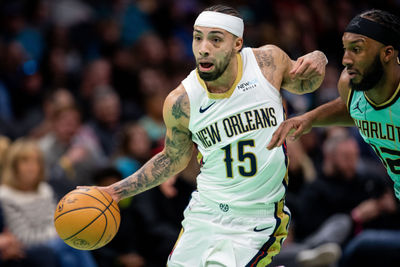 Jan 25, 2025; Charlotte, North Carolina, USA; New Orleans Pelicans guard Jose Alvarado (15) drives the ball against the Charlotte Hornets during the third quarter at Spectrum Center. Mandatory Credit: Scott Kinser-Imagn Images