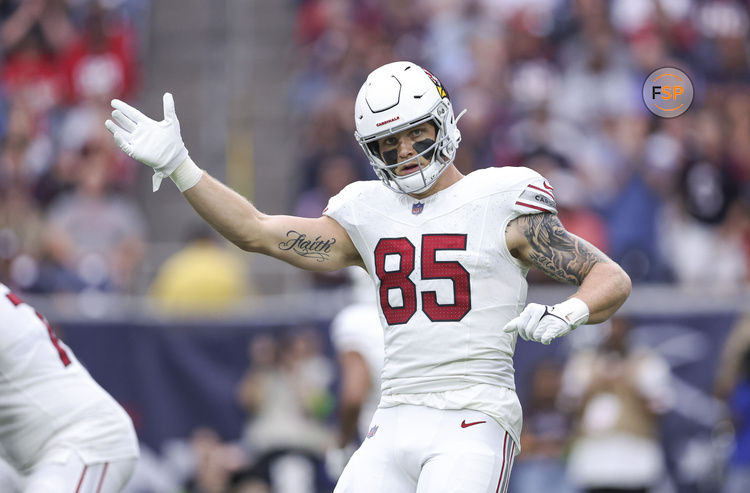 Nov 19, 2023; Houston, Texas, USA; Arizona Cardinals tight end Trey McBride (85) reacts during the game against the Houston Texans at NRG Stadium. Credit: Troy Taormina-USA TODAY Sports