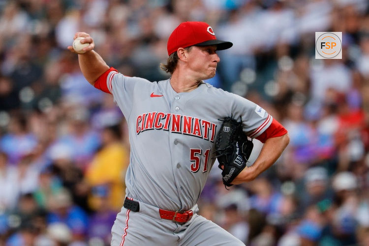Jul 17, 2026; Denver, Colorado, USA; Cincinnati Reds starting pitcher Brady Singer (51) pitches in the fifth inning against the Colorado Rockies at Coors Field. Credit: Isaiah J. Downing-Imagn Images