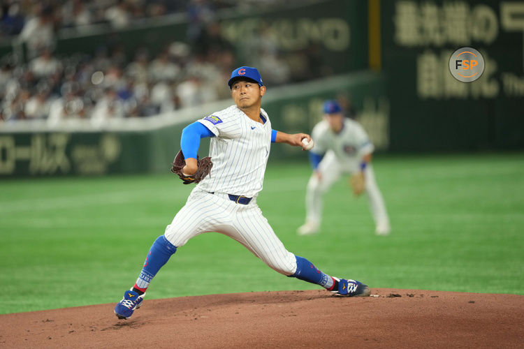 Mar 18, 2025; Bunkyo, Tokyo, JPN; Chicago Cubs starting pitcher Shota Imanaga (18) delivers a pitch against the Los Angeles Dodgers during the first inning during the Tokyo Series at Tokyo Dome. Credit: Darren Yamashita-Imagn Images