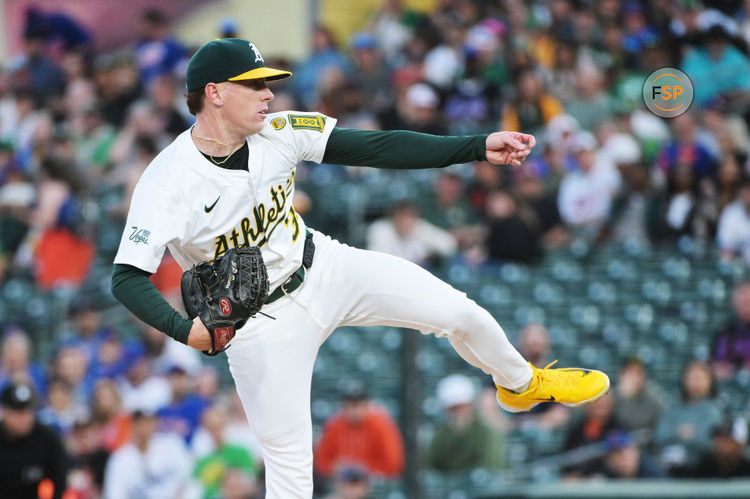 Apr 11, 2025; West Sacramento, California, USA; Oakland Athletics pitcher JP Sears (38) throws a pitch against the New York Mets during the first inning at Sutter Health Park. Credit: Ed Szczepanski-Imagn Images