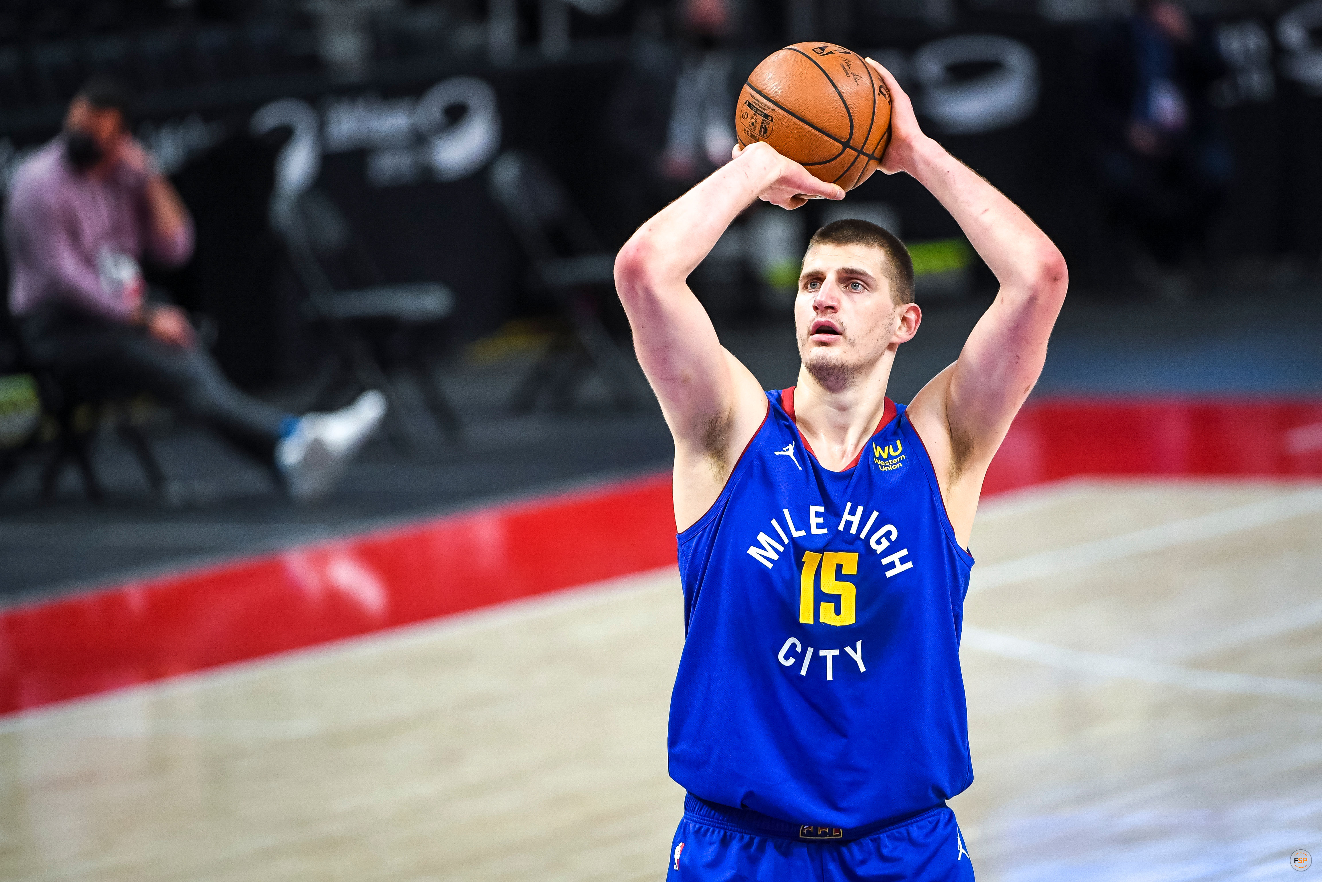 DETROIT, MICHIGAN - MAY 14: Nikola Jokic #15 of the Denver Nuggets shoots a free throw against the Detroit Pistons during the first quarter of the NBA game at Little Caesars Arena on May 14, 2021 in Detroit, Michigan. NOTE TO USER: User expressly acknowledges and agrees that, by downloading and or using this photograph, User is consenting to the terms and conditions of the Getty Images License Agreement. (Photo by Nic Antaya/Getty Images)