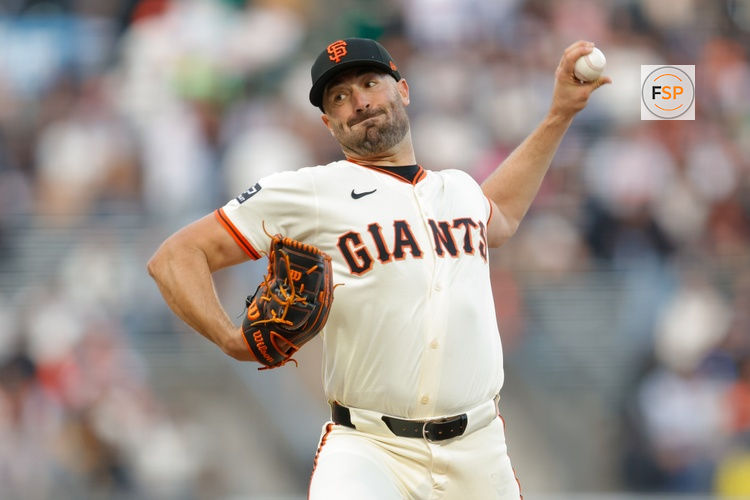 Apr 21, 2025; San Francisco, California, USA; San Francisco Giants starting pitcher Robbie Ray (38) throws a pitch during the first inning against the Milwaukee Brewers at Oracle Park. Credit: Sergio Estrada-Imagn Images
