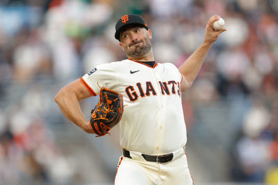Apr 21, 2025; San Francisco, California, USA; San Francisco Giants starting pitcher Robbie Ray (38) throws a pitch during the first inning against the Milwaukee Brewers at Oracle Park. Mandatory Credit: Sergio Estrada-Imagn Images