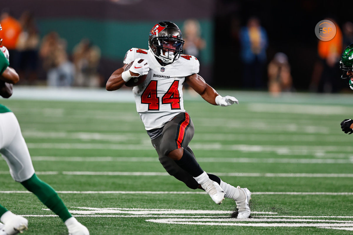 EAST RUTHERFORD, NJ - AUGUST 19:  Sean Tucker #44 of the Tampa Bay Buccaneers runs during the Preseason game against the New York Jets  on August 19, 2023 at MetLife Stadium in East Rutherford, New Jersey.  (Photo by Rich Graessle/Icon Sportswire)