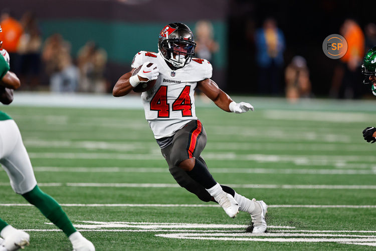 EAST RUTHERFORD, NJ - AUGUST 19:  Sean Tucker #44 of the Tampa Bay Buccaneers runs during the Preseason game against the New York Jets  on August 19, 2023 at MetLife Stadium in East Rutherford, New Jersey.  (Photo by Rich Graessle/Icon Sportswire)