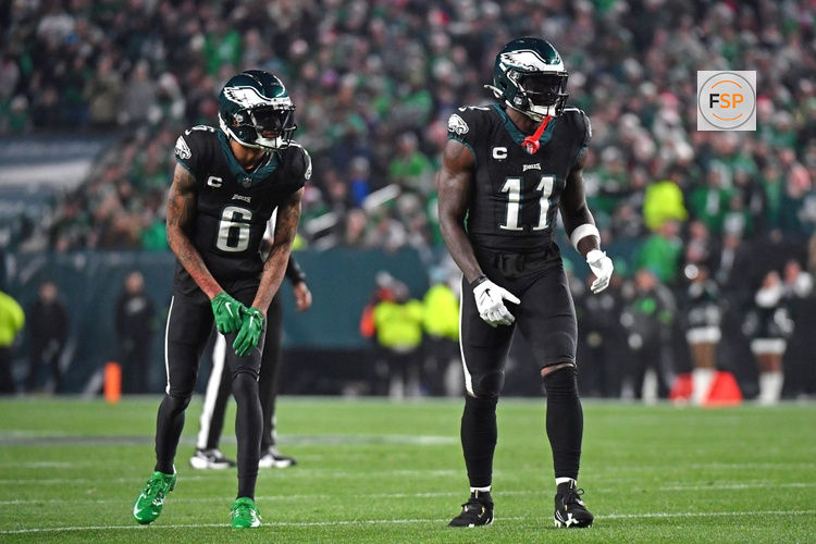Dec 25, 2023; Philadelphia, Pennsylvania, USA; Philadelphia Eagles wide receiver DeVonta Smith (6) and wide receiver A.J. Brown (11) against the New York Giants at Lincoln Financial Field. Credit: Eric Hartline-USA TODAY Sports