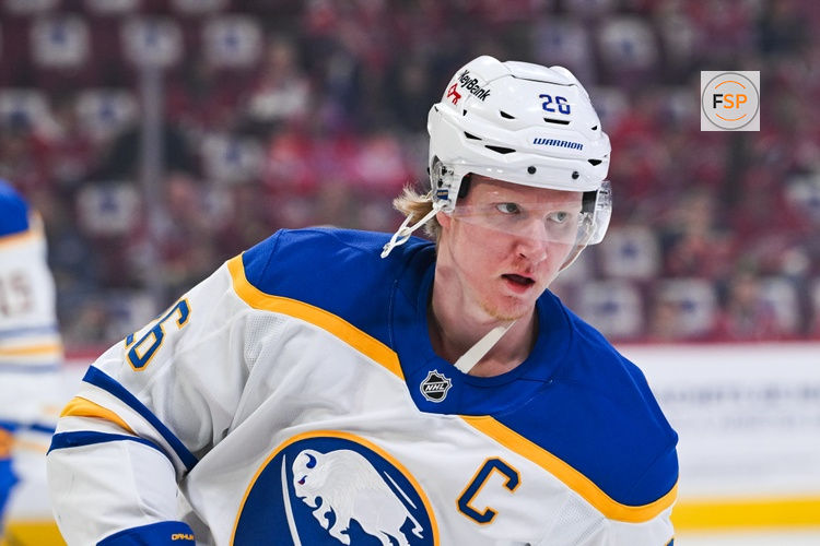 May 16, 2026; Montreal, Quebec, CAN; Buffalo Sabres defenseman Rasmus Dahlin (26) looks on during warm-up before the game against the Montreal Canadiens in game six of the second round of the 2026 Stanley Cup Playoffs at Bell Centre. Credit: David Kirouac-Imagn Images