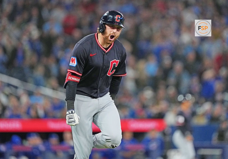 May 3, 2025; Toronto, Ontario, CAN; Cleveland Guardians second baseman Daniel Schneemann (10) celebrates hitting a grand slam hone run against the Toronto Blue Jays at during the ninth inning at Rogers Centre. Credit: Nick Turchiaro-Imagn Images