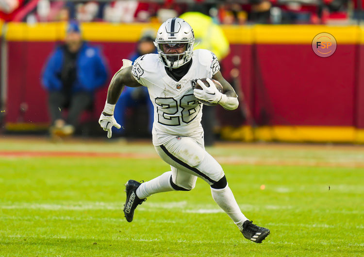 Nov 29, 2024; Kansas City, Missouri, USA; Las Vegas Raiders running back Sincere McCormick (28) during the second half against the Kansas City Chiefs at GEHA Field at Arrowhead Stadium. Credit: Jay Biggerstaff-Imagn Images