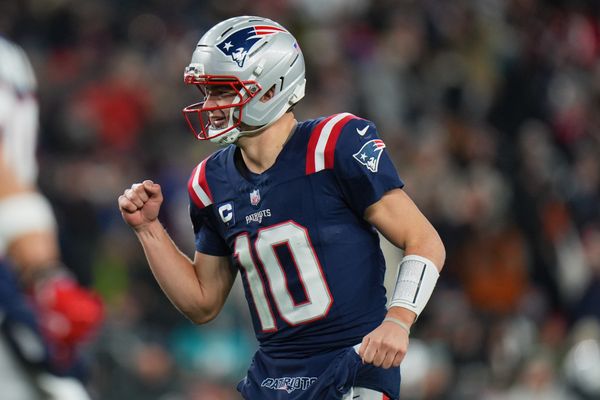 Jan 4, 2026; Foxborough, Massachusetts, USA; New England Patriots quarterback Drake Maye (10) reacts against the Miami Dolphins during the second half at Gillette Stadium. Mandatory Credit: David Butler II-Imagn Images