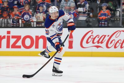 Mar 24, 2026; Salt Lake City, Utah, USA; Edmonton Oilers left wing Zach Hyman (18) warms up before a game against the Utah Mammoth at Delta Center. Mandatory Credit: Rob Gray-Imagn Images