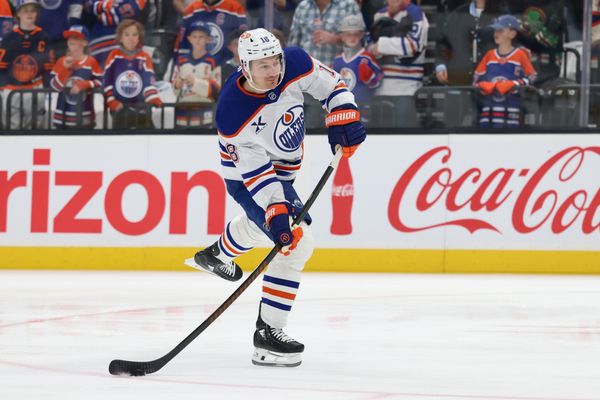 Mar 24, 2026; Salt Lake City, Utah, USA; Edmonton Oilers left wing Zach Hyman (18) warms up before a game against the Utah Mammoth at Delta Center. Mandatory Credit: Rob Gray-Imagn Images