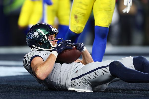 Dec 18, 2025; Seattle, Washington, USA; Seattle Seahawks wide receiver Cooper Kupp (10) scores a two-point conversion against the Los Angeles Rams in the second half at Lumen Field. Mandatory Credit: Kevin Ng-Imagn Images