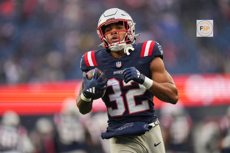 Jan 18, 2026; Foxborough, MA, USA; New England Patriots running back TreVeyon Henderson (32) warms up before an AFC Divisional Round game against the Houston Texans at Gillette Stadium. Credit: David Butler II-Imagn Images