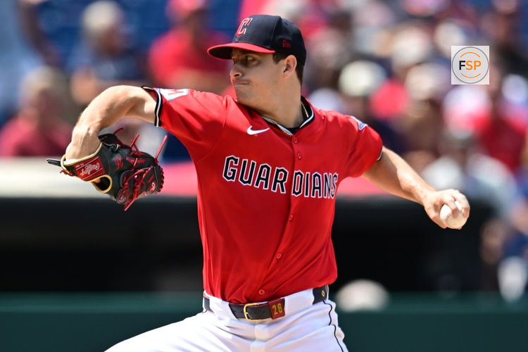 Aug 17, 2025; Cleveland, Ohio, USA; Cleveland Guardians starting pitcher Logan Allen (26) throws a pitch during the first inning against the Atlanta Braves at Progressive Field. Credit: Ken Blaze-Imagn Images