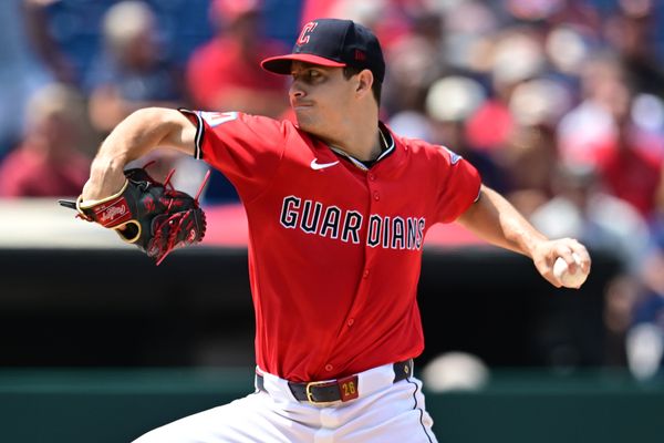 Aug 17, 2025; Cleveland, Ohio, USA; Cleveland Guardians starting pitcher Logan Allen (26) throws a pitch during the first inning against the Atlanta Braves at Progressive Field. Mandatory Credit: Ken Blaze-Imagn Images