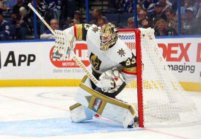 wOct 17, 2024; Tampa, Florida, USA; Vegas Golden Knights goaltender Adin Hill (33) makes a save against the Tampa Bay Lightning  during the third period at Amalie Arena. Mandatory Credit: Kim Klement Neitzel-Imagn Images