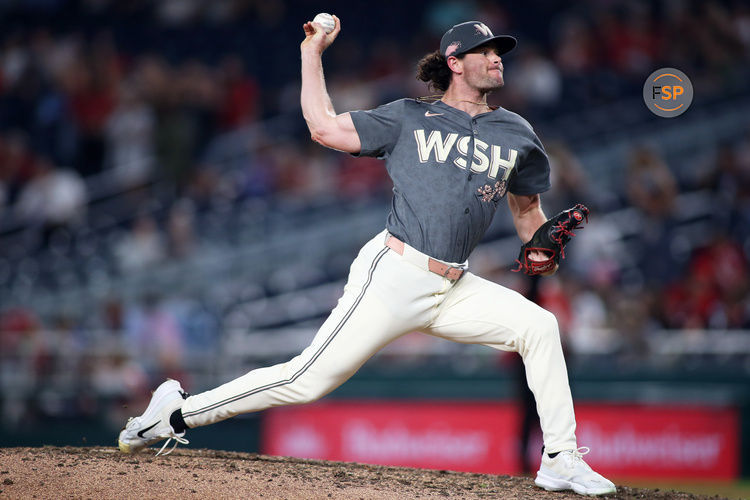 Sep 13, 2024; Washington, District of Columbia, USA; Washington Nationals pitcher Kyle Finnegan (67) delivers a throw during the ninth inning of a baseball game against the Miami Marlins at Nationals Park. Credit: Daniel Kucin Jr.-Imagn Images

