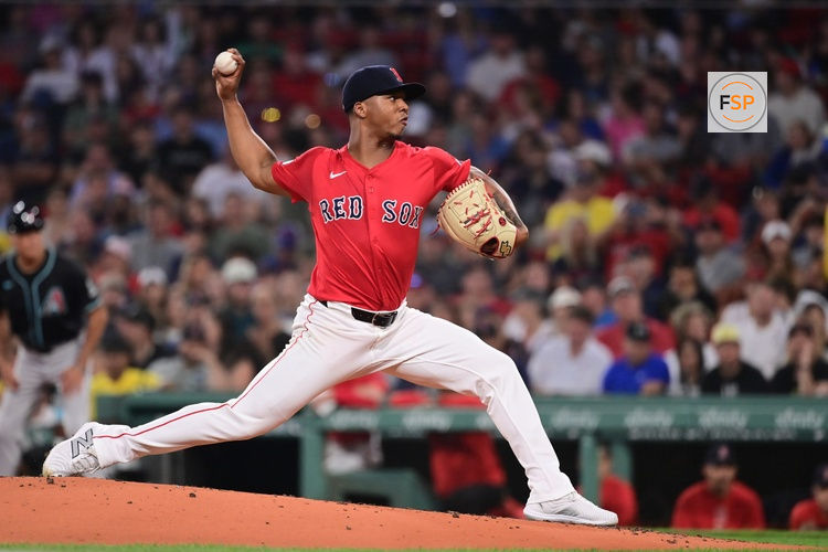 Aug 23, 2024; Boston, Massachusetts, USA; Boston Red Sox starting pitcher Brayan Bello (66) pitches against the Arizona Diamondbacks during the third inning at Fenway Park. Credit: Eric Canha-USA TODAY Sports