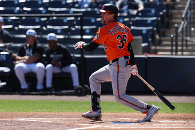 Mar 11, 2025; Tampa, Florida, USA; Baltimore Orioles catcher Adley Rutschman (35) singles against the New York Yankees in the first inning during spring training at George M. Steinbrenner Field. Mandatory Credit: Nathan Ray Seebeck-Imagn Images