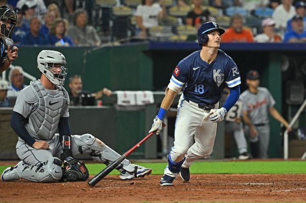 Aug 29, 2025; Kansas City, Missouri, USA;  Kansas City Royals right fielder Mike Yastrzemski (18) doubles in the seventh inning against the Detroit Tigers at Kauffman Stadium. Mandatory Credit: Peter Aiken-Imagn Images