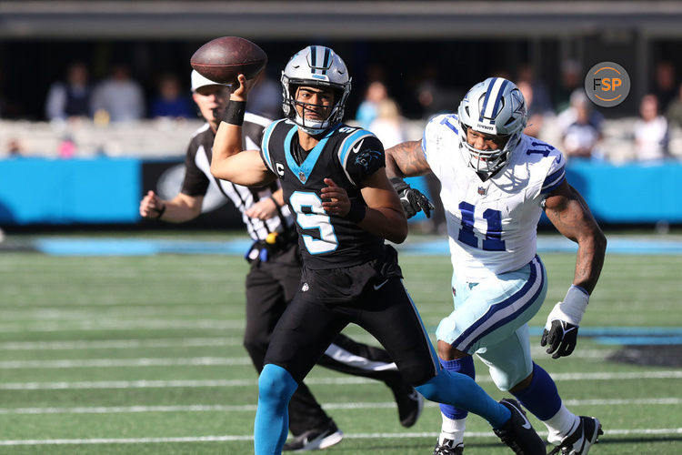 CHARLOTTE, NC - NOVEMBER 19: Carolina Panthers quarterback Bryce Young (9) during an NFL football game between the Dallas Cowboys and the Carolina Panthers on November 19, 2023 at Bank of America Stadium in Charlotte, N.C. (Photo by John Byrum/Icon Sportswire)