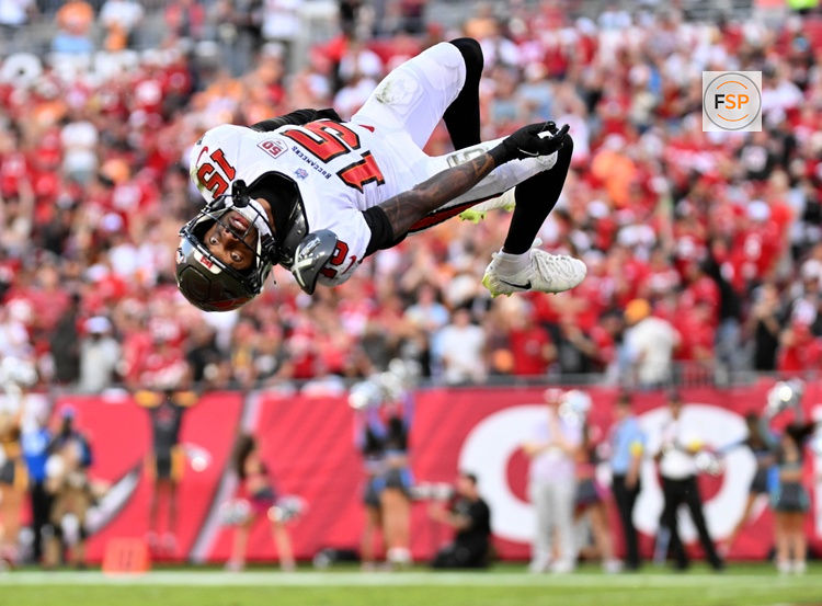 Oct 12, 2025; Tampa, Florida, USA; Tampa Bay Buccaneers wide receiver Tez Johnson (15) reacts during the third quarter against the San Francisco 49ers at Raymond James Stadium. Credit: Jonathan Dyer-Imagn Images