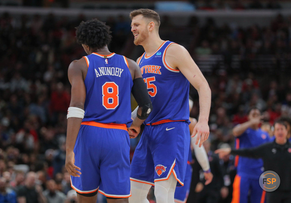 CHICAGO, IL - APRIL 09: Isaiah Hartenstein #55 of the New York Knicks and OG Anunoby #8 of the New York Knicks react during the second half against the Chicago Bulls at the United Center on April 9,2024 in Chicago. (Photo by Melissa Tamez/Icon Sportswire)