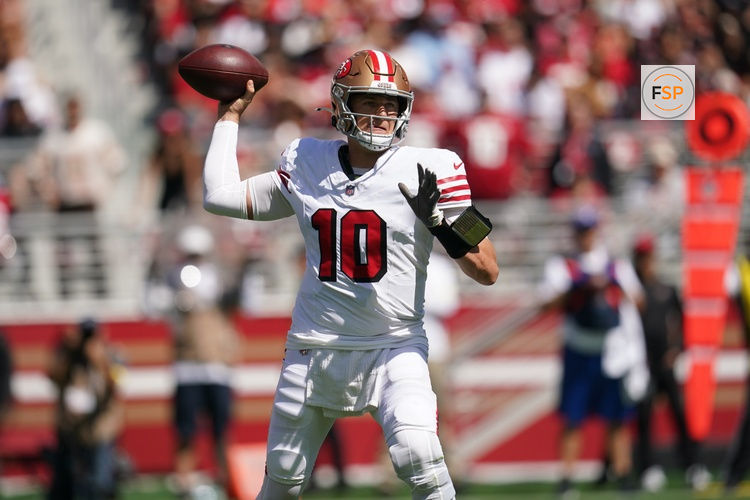 Sep 21, 2025; Santa Clara, California, USA; San Francisco 49ers quarterback Mac Jones (10) throws the ball against the Arizona Cardinals during the first half at Levi's Stadium. Credit: Cary Edmondson-Imagn Images