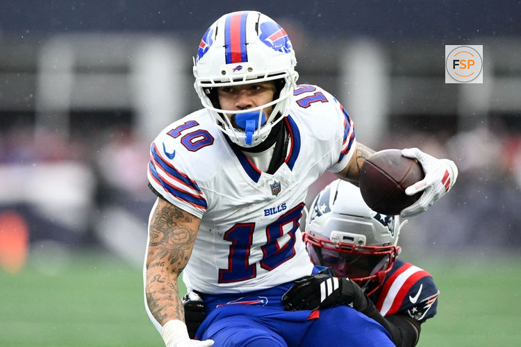 Dec 14, 2025; Foxborough, Massachusetts, USA; Buffalo Bills wide receiver Khalil Shakir (10) runs against the New England Patriots during the first half at Gillette Stadium. Credit: Brian Fluharty-Imagn Images