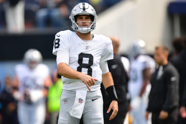 Sep 20, 2026; Inglewood, California, USA;  Las Vegas Raiders quarterback Kirk Cousins (8) warms up prior to the game against the Los Angeles Chargers at SoFi Stadium.  Mandatory Credit: Gary A. Vasquez-Imagn Images