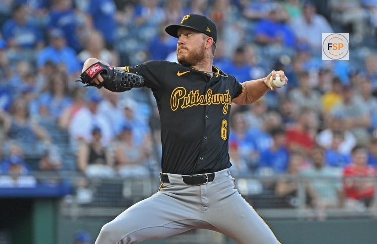 Jul 9, 2025; Kansas City, Missouri, USA;  Pittsburgh Pirates starting pitcher Bailey Falter (6) throws a pitch in the first inning against the Kansas City Royals at Kauffman Stadium. Credit: Peter Aiken-Imagn Images