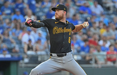 Jul 9, 2025; Kansas City, Missouri, USA;  Pittsburgh Pirates starting pitcher Bailey Falter (6) throws a pitch in the first inning against the Kansas City Royals at Kauffman Stadium. Mandatory Credit: Peter Aiken-Imagn Images