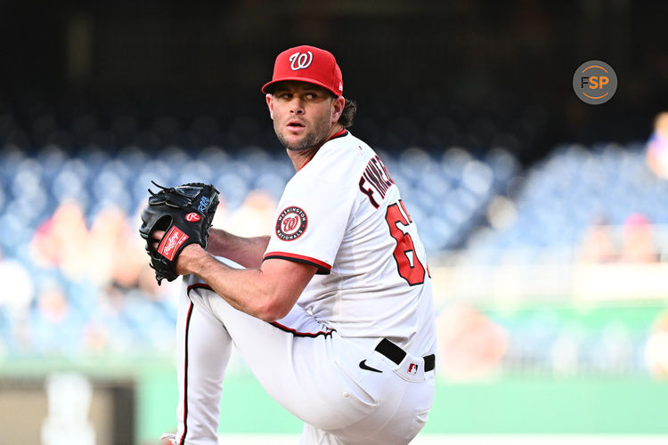 May 6, 2025; Washington, District of Columbia, USA;  Washington Nationals relief pitcher Kyle Finnegan (67) delivers a pitch during the ninth inning against the Cleveland Guardians at Nationals Park. Credit: James A. Pittman-Imagn Images