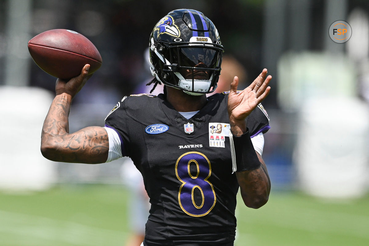 Jul 27, 2024; Owings Mill , MD, USA; Ravens quarterback Lamar Jackson (8) lthrows during the afternoon session of training camp at the Under Armour Performance Center,  Credit: Tommy Gilligan-USA TODAY Sports