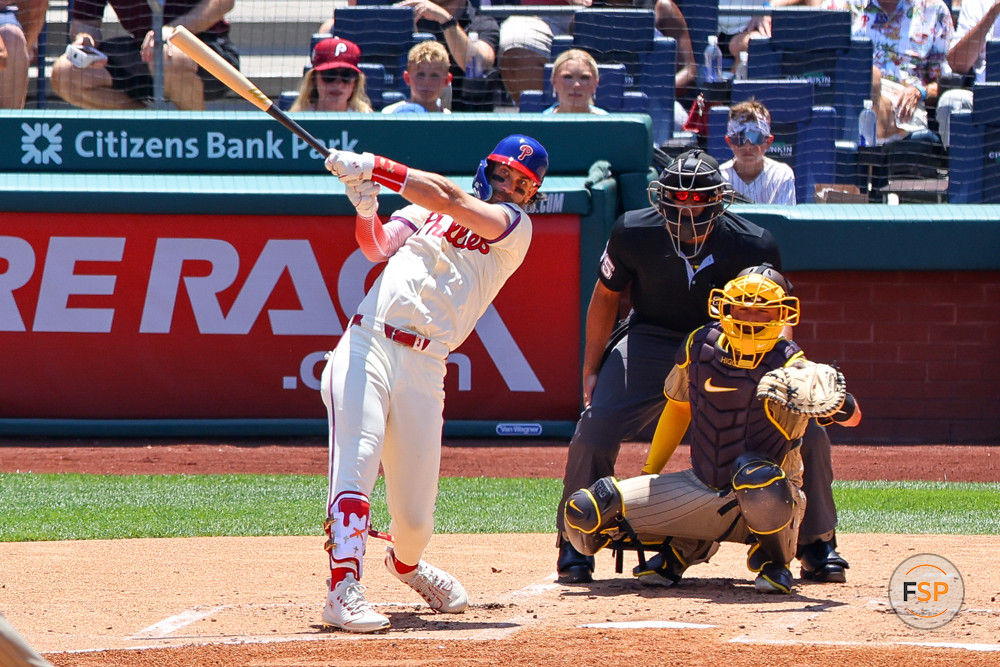 PHILADELPHIA, PA - JUNE 19: Bryce Harper #3 of the Philadelphia Phillies at bat during the game against the San Diego Padres on June 19, 2024 at Citizens Bank Park in Philadelphia, Pennsylvania.  (Photo by Rich Graessle/Icon Sportswire)