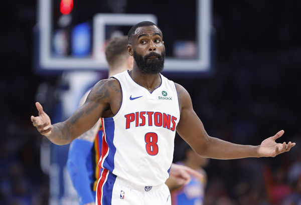 Apr 2, 2025; Oklahoma City, Oklahoma, USA; Detroit Pistons forward Tim Hardaway Jr. (8) reacts after a play against the Oklahoma City Thunder during the second half at Paycom Center. Mandatory Credit: Alonzo Adams-Imagn Images