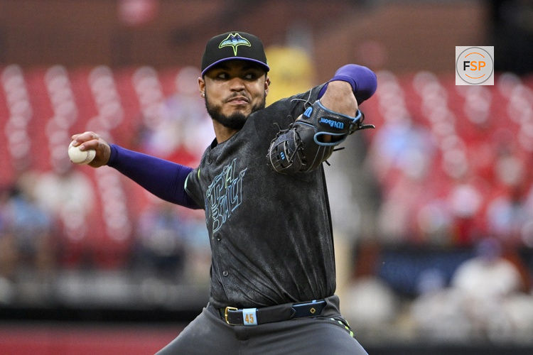 Aug 7, 2024; St. Louis, Missouri, USA;  Tampa Bay Rays starting pitcher Taj Bradley (45) pitches against the St. Louis Cardinals during the first inning at Busch Stadium. Credit: Jeff Curry-USA TODAY Sports