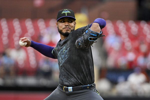 Aug 7, 2024; St. Louis, Missouri, USA;  Tampa Bay Rays starting pitcher Taj Bradley (45) pitches against the St. Louis Cardinals during the first inning at Busch Stadium. Mandatory Credit: Jeff Curry-USA TODAY Sports