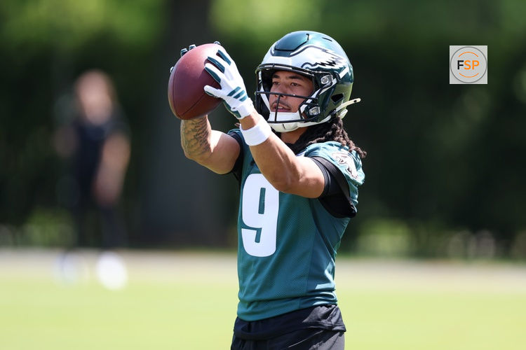 May 1, 2026; Philadelphia, PA, USA; Philadelphia Eagles wide receiver Makai Lemon (9) runs drills during rookie minicamp at NovaCare Complex. Credit: Bill Streicher-Imagn Images