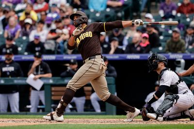 Apr 23, 2026; Denver, Colorado, USA; San Diego Padres shortstop Xander Bogaerts (2) this a solo home run in the fifth inning against the Colorado Rockies at Coors Field. Mandatory Credit: Isaiah J. Downing-Imagn Images
