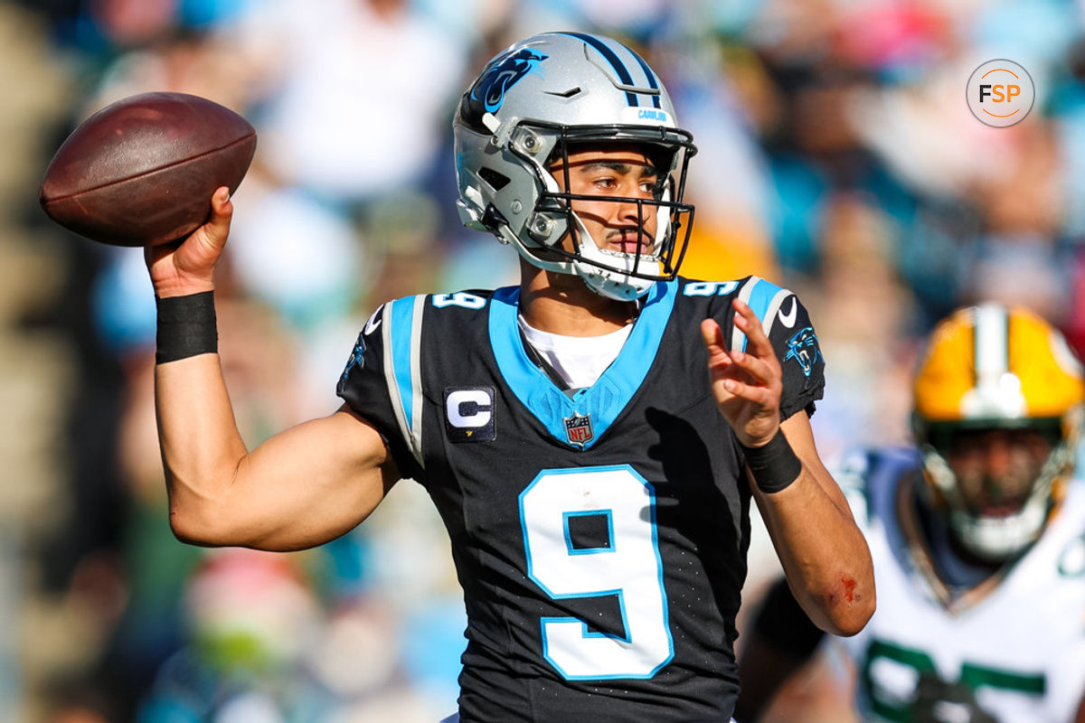 CHARLOTTE, NC - DECEMBER 24: Bryce Young #9 of the Carolina Panthers looks to pass the ball during an NFL game against the Green Bay Packers at Bank of America Stadium on December 24, 2023 in Charlotte, NC. (Photo by David Jensen/Icon Sportswire)