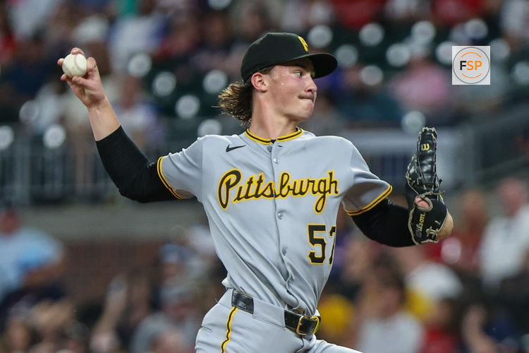 Sep 27, 2025; Cumberland, Georgia, USA; Pittsburgh Pirates pitcher Bubba Chandler (57) pitches the ball against the Atlanta Braves during the third inning at Truist Park. Credit: Jordan Godfree-Imagn Images